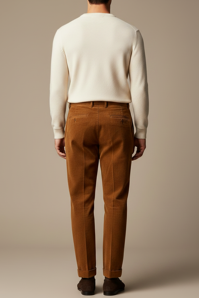 Pantalon À Pince Marron Côtelé Plissé Droit Décontracté Homme - Cordé - vue 2