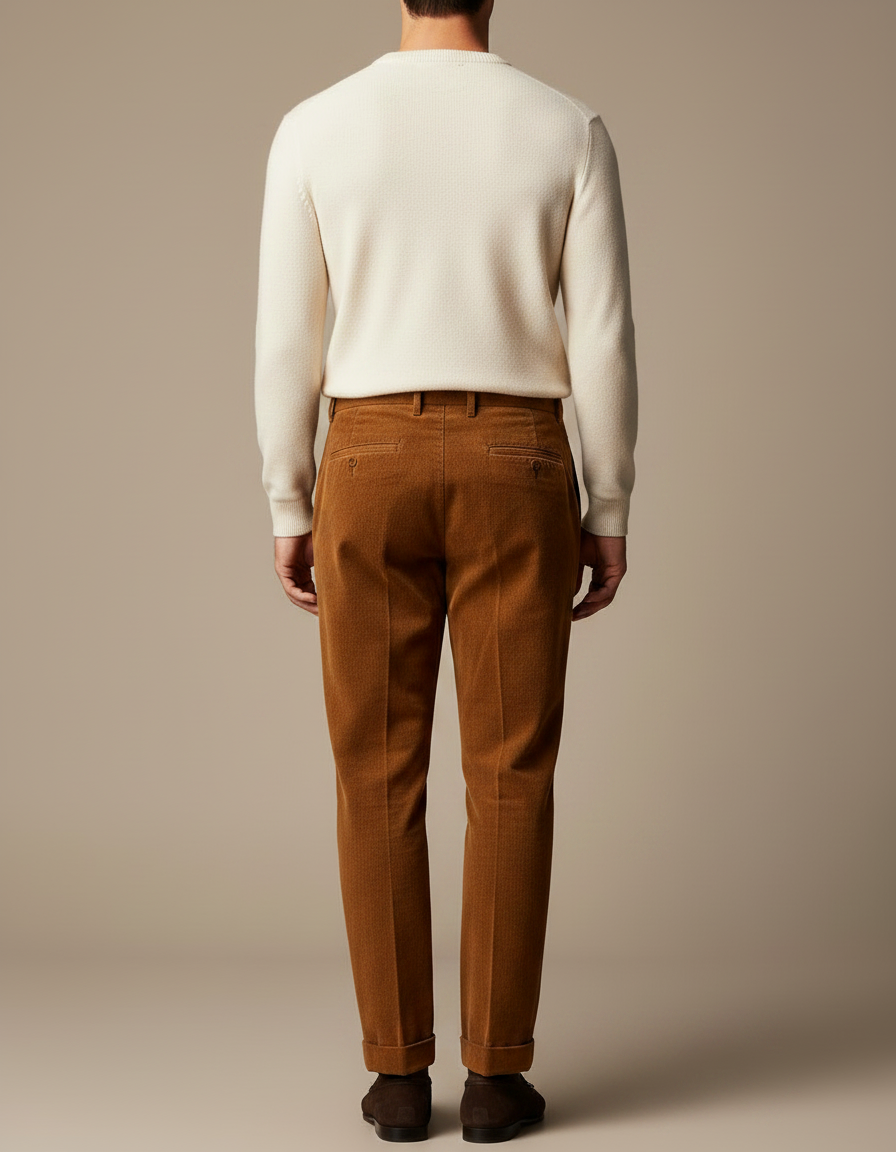 Pantalon À Pince Marron Côtelé Plissé Droit Décontracté Homme - Cordé - vue 2