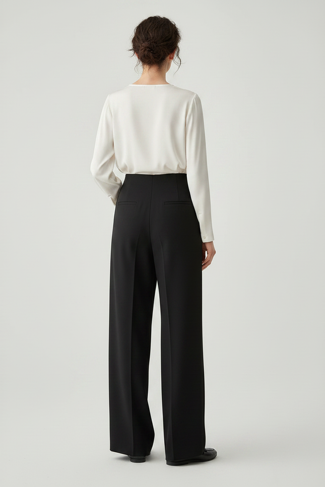 Pantalon À Pince Noir Fluide Ample Élégant Femme - Polyester - vue 2