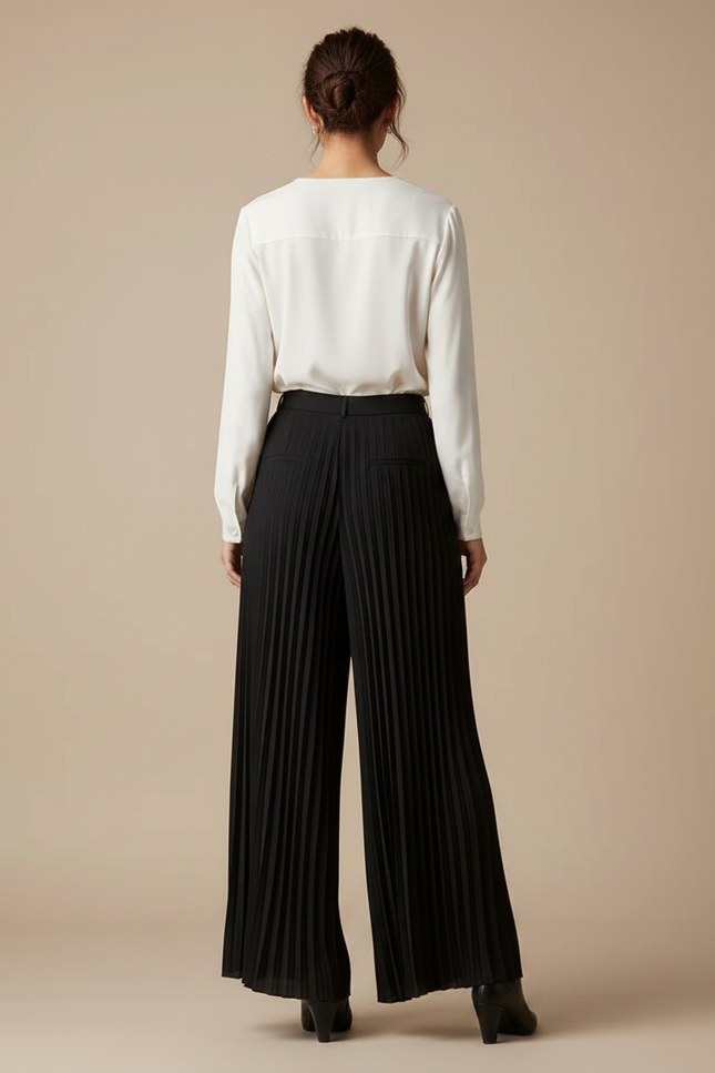 Pantalon À Pince Noir Plissé Ample Élégant Femme - Polyester - vue 2