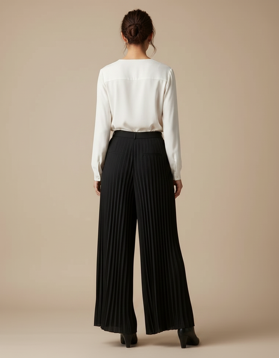Pantalon À Pince Noir Plissé Ample Élégant Femme - Polyester - vue 2