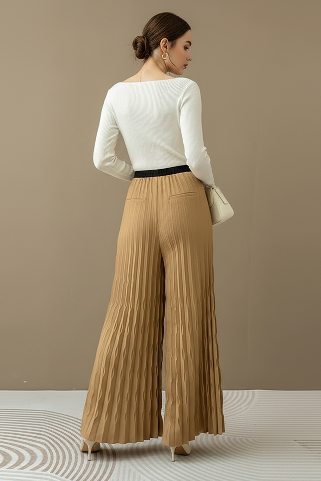 Pantalon À Pince Plissé Fluide Ample Marron Chic - Polyester - vue 2