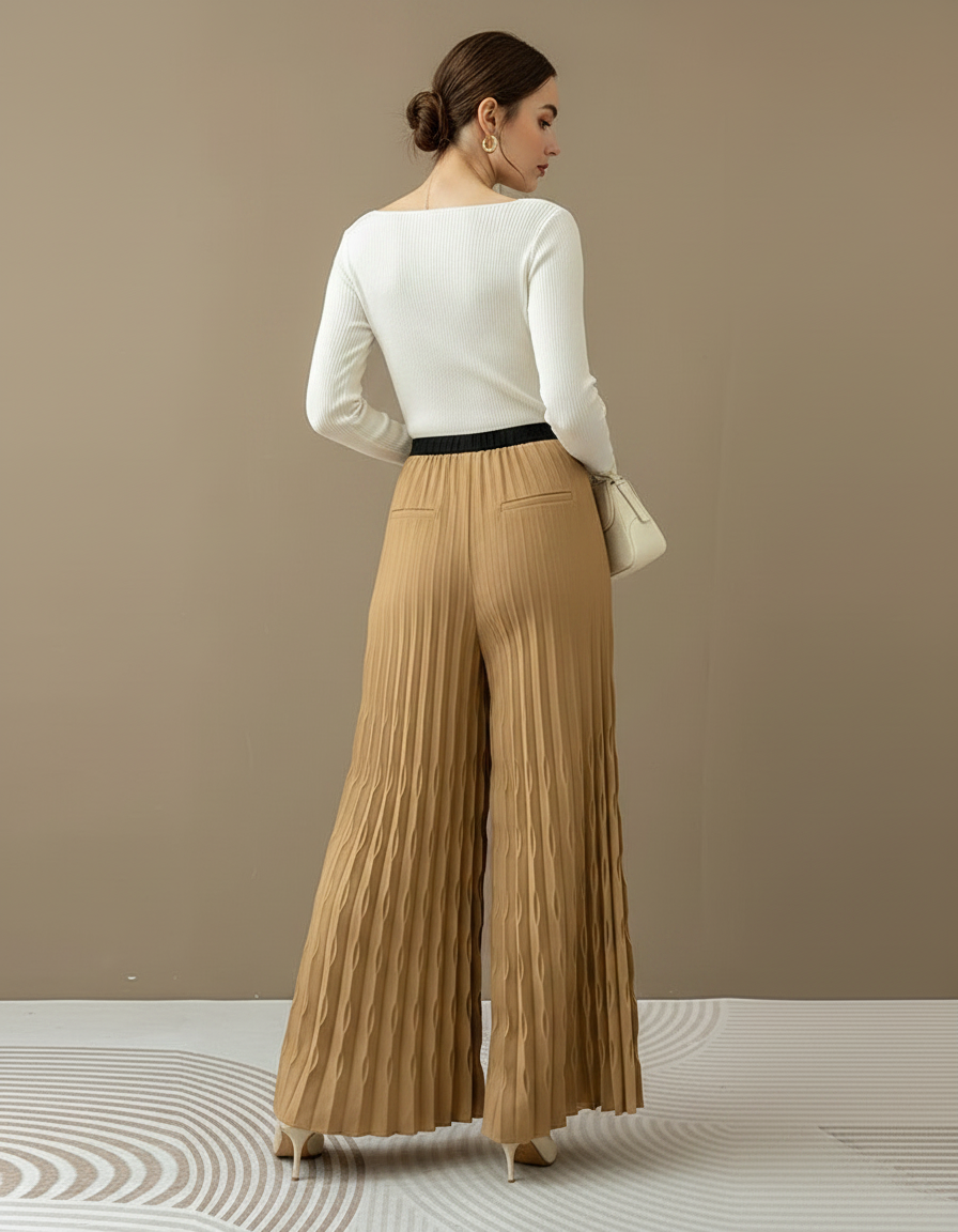 Pantalon À Pince Plissé Fluide Ample Marron Chic - Polyester - vue 2