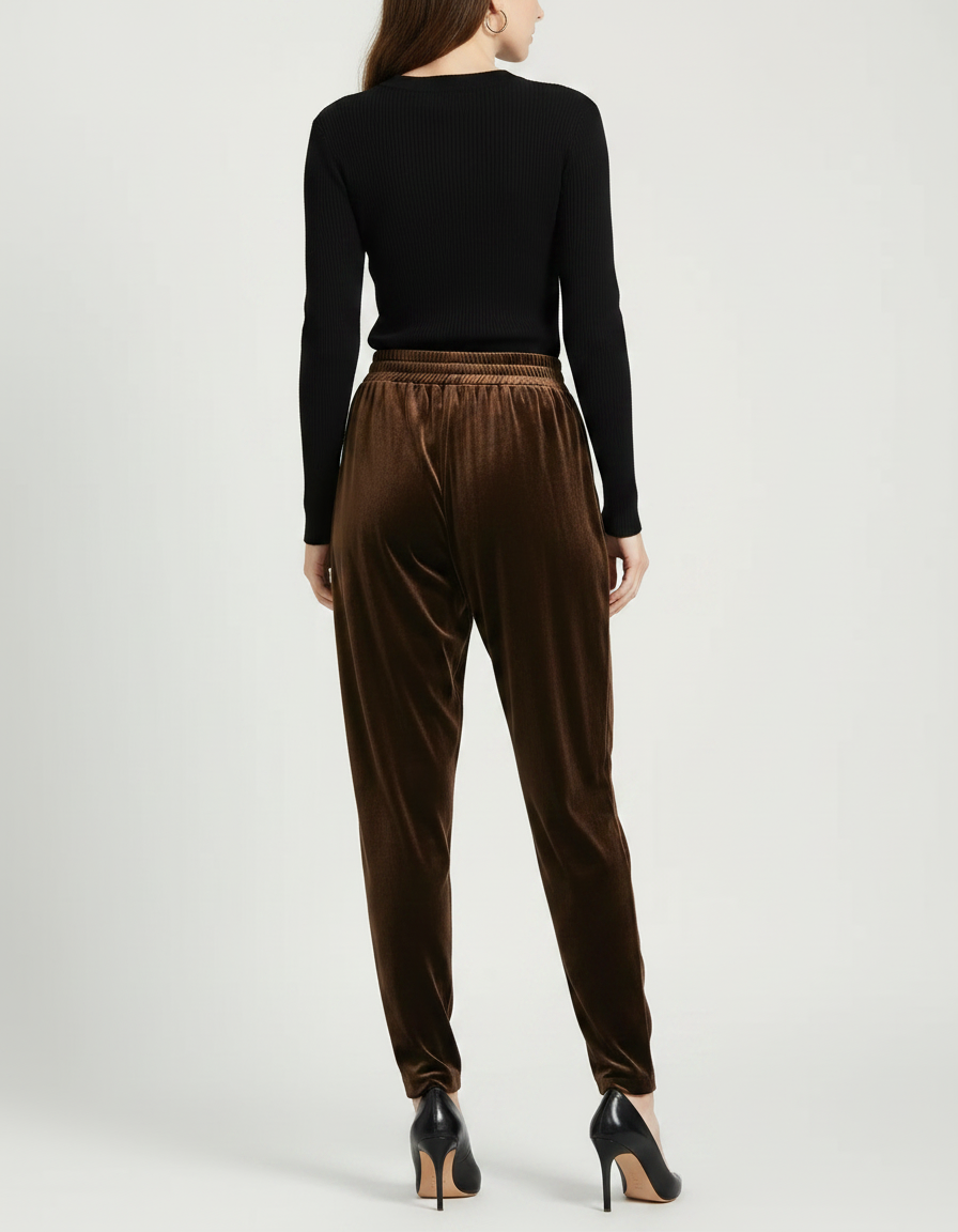 Pantalon À Pince Marron Velours Fluide Ample Femme - vue 2