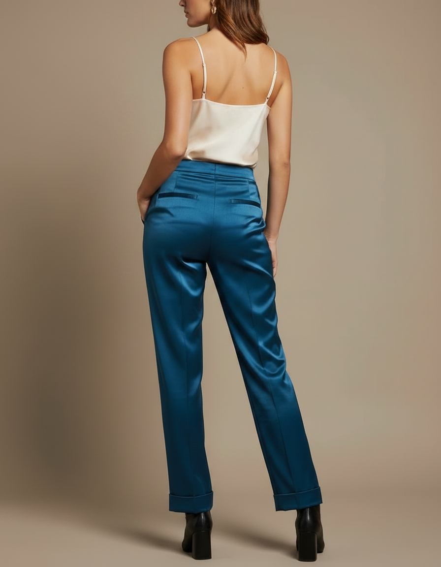 Pantalon À Pince Bleu Canard Satiné Élégant Fluide - vue 2