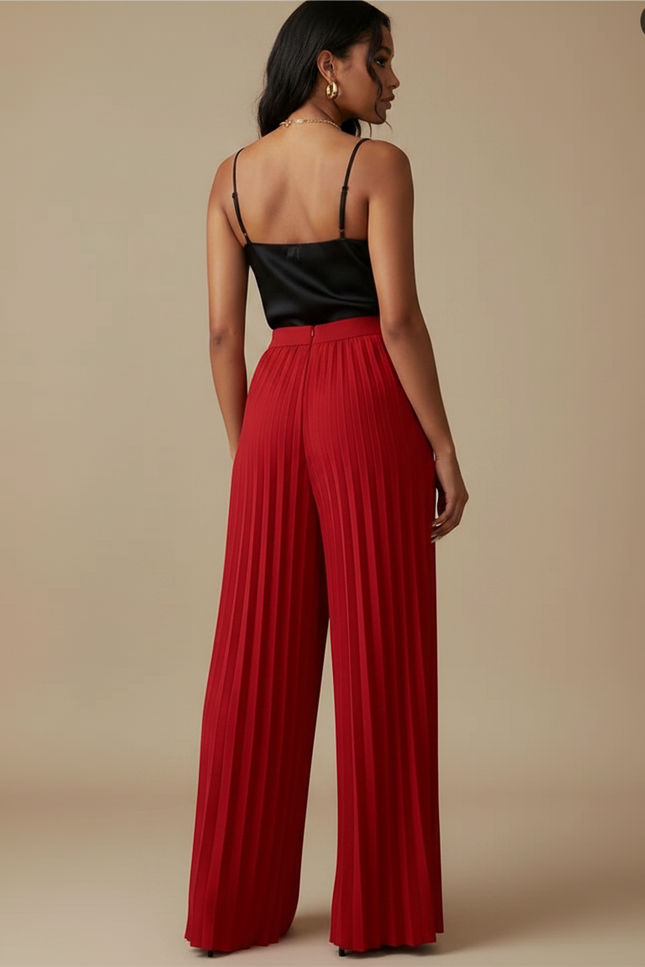 Pantalon À Pince Rouge Plissé Fluide Élégant - Polyester - vue 2
