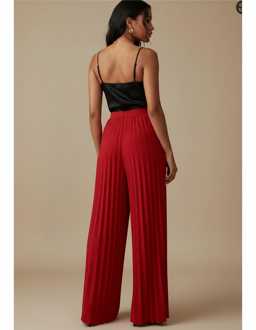 Pantalon À Pince Rouge Plissé Fluide Élégant - Polyester - vue 2