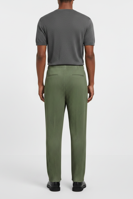 Pantalon À Pince Plissé Vert Militaire Ample Décontracté - Kaki Polyester - vue 2