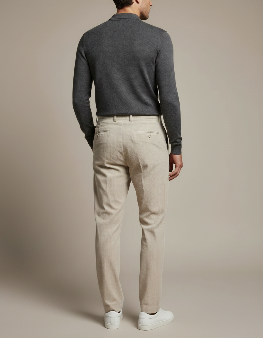 Pantalon À Pince Beige Côtelé Plissé Homme Élégant - Cordé - vue 2