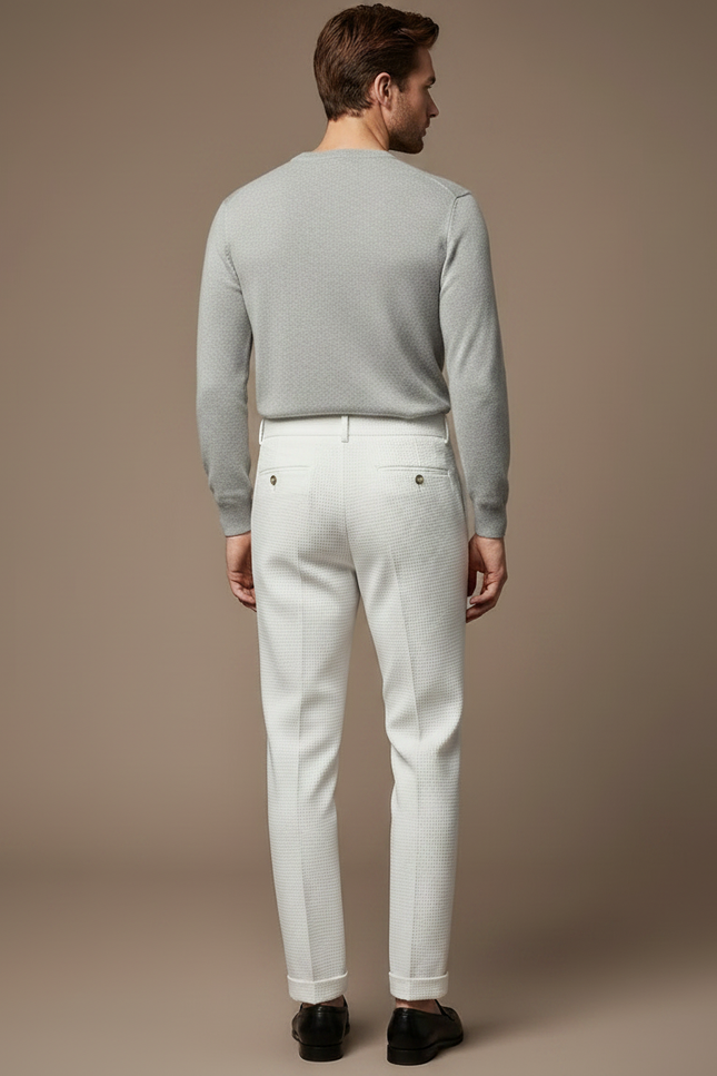 Pantalon À Pince Blanc Texturé Plissé Slim Élégant Homme - Coton - vue 2