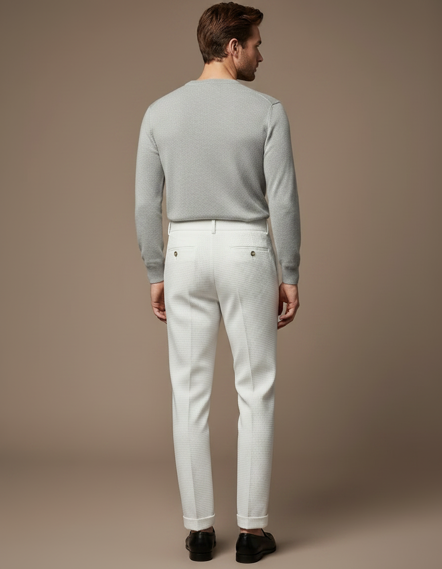 Pantalon À Pince Blanc Texturé Plissé Slim Élégant Homme - Coton - vue 2