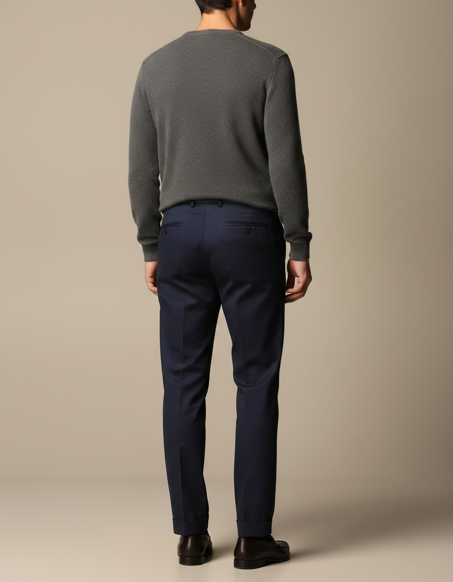 Pantalon À Pince Bleu Marine Droit Plissé Élégant Coton - vue 2