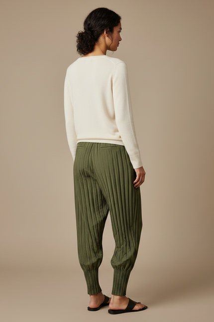 Pantalon À Pince Plissé Vert Kaki Ample Décontracté - Lin - vue 2