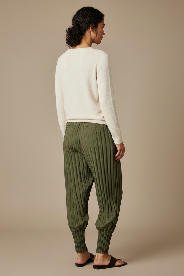 Pantalon À Pince Plissé Vert Kaki Ample Décontracté - Lin - vue 2