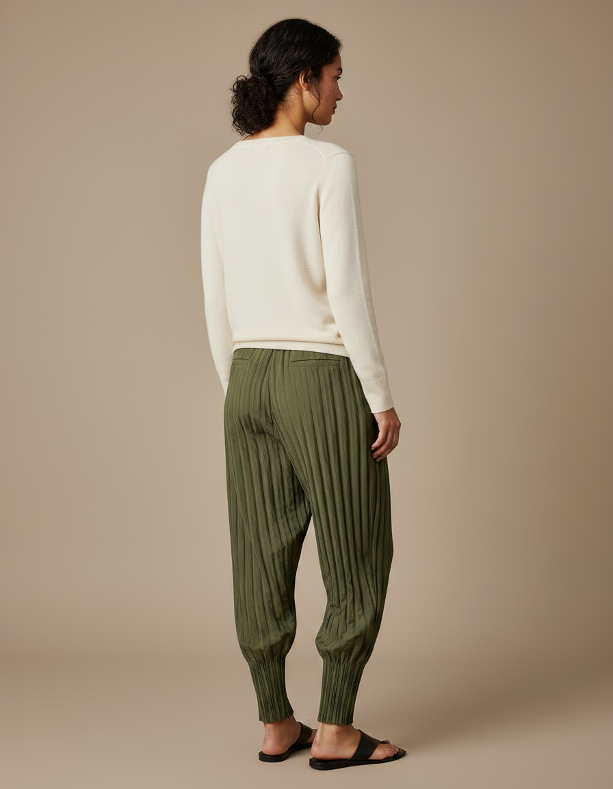 Pantalon À Pince Plissé Vert Kaki Ample Décontracté - Lin - vue 2
