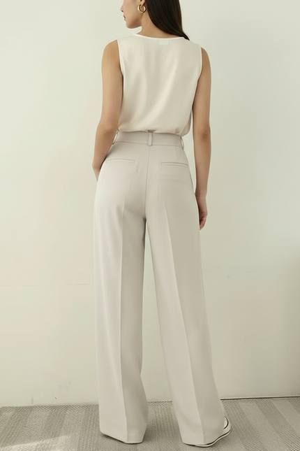 Pantalon À Pince Beige Ample Plissé Taille Haute Élégant - Polyester - vue 2