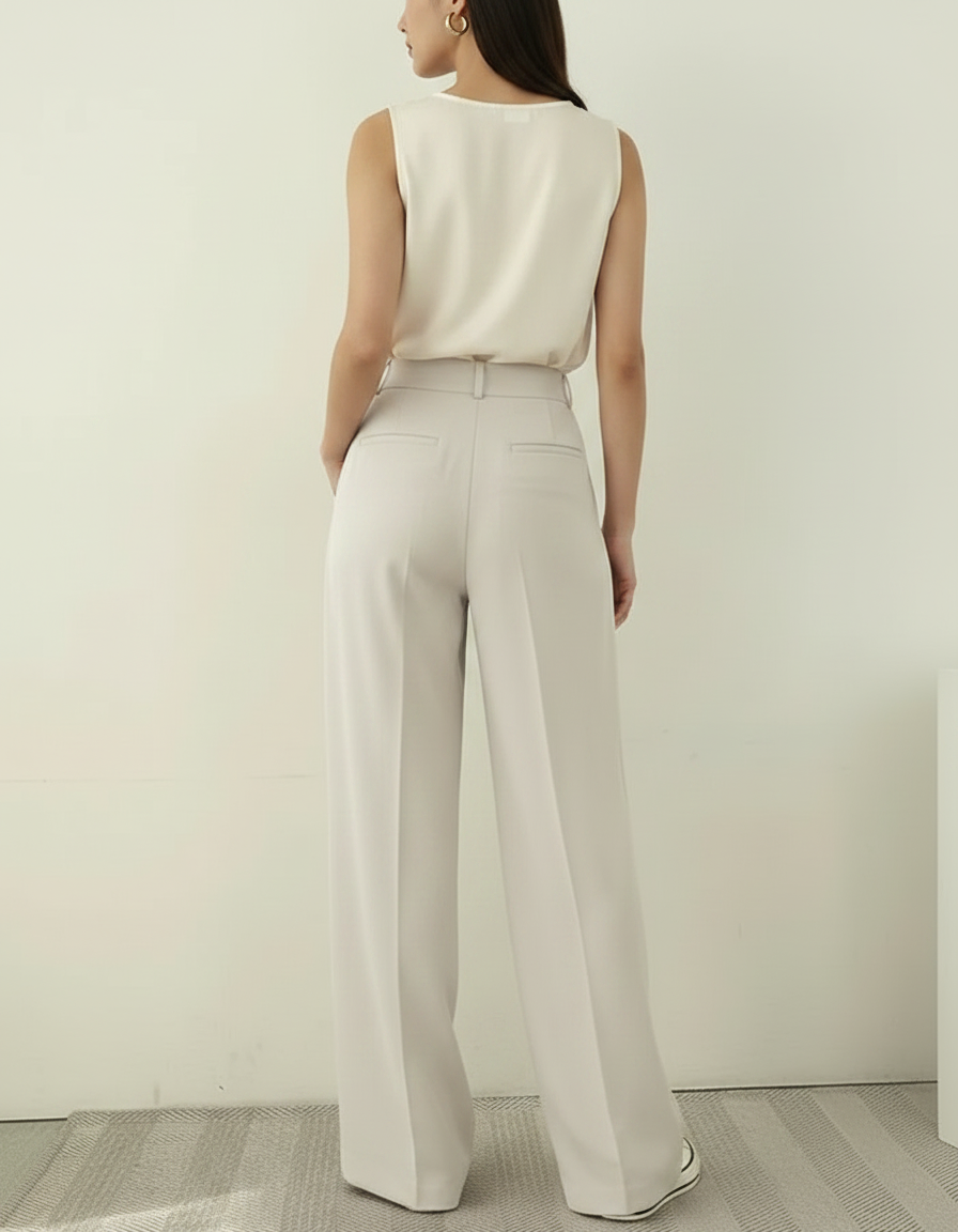 Pantalon À Pince Beige Ample Plissé Taille Haute Élégant - Polyester - vue 2