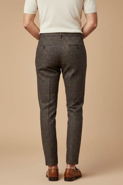 Pantalon À Pince Marron Carreaux Slim Élégant Homme - Laine - vue 2
