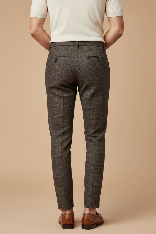 Pantalon À Pince Marron Carreaux Slim Élégant Homme - Laine - vue 2