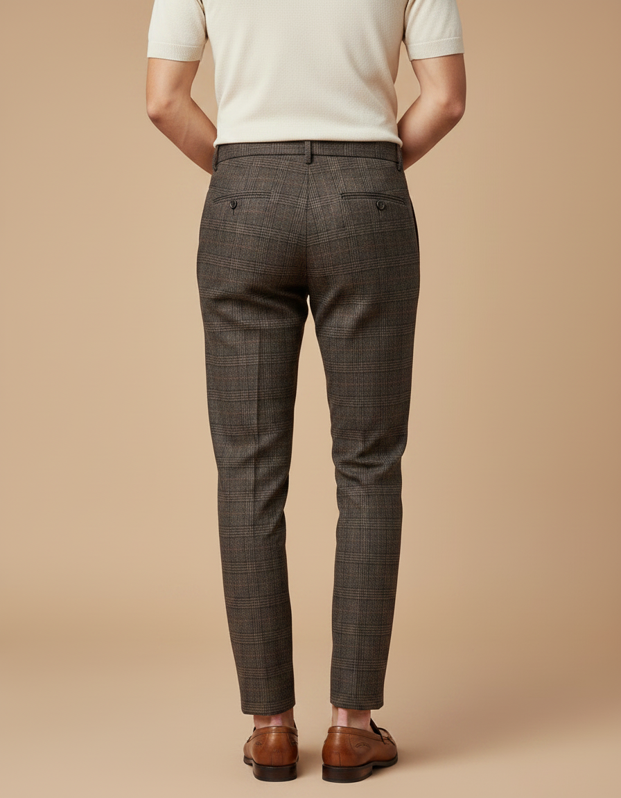 Pantalon À Pince Marron Carreaux Slim Élégant Homme - Laine - vue 2
