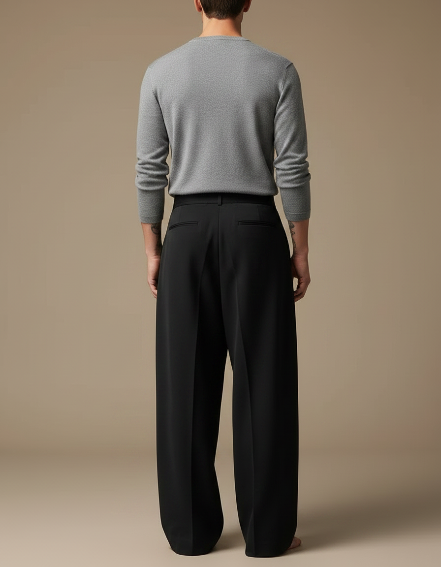 Pantalon À Pince Noir Ample Plissé Homme Élégant - Viscose - vue 2