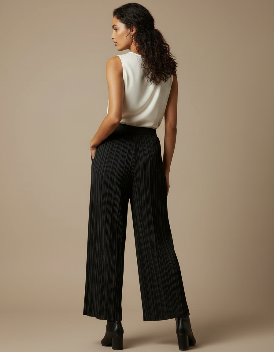 Pantalon À Pince Noir Plissé Fluide Élégant Femme - Polyester - vue 2