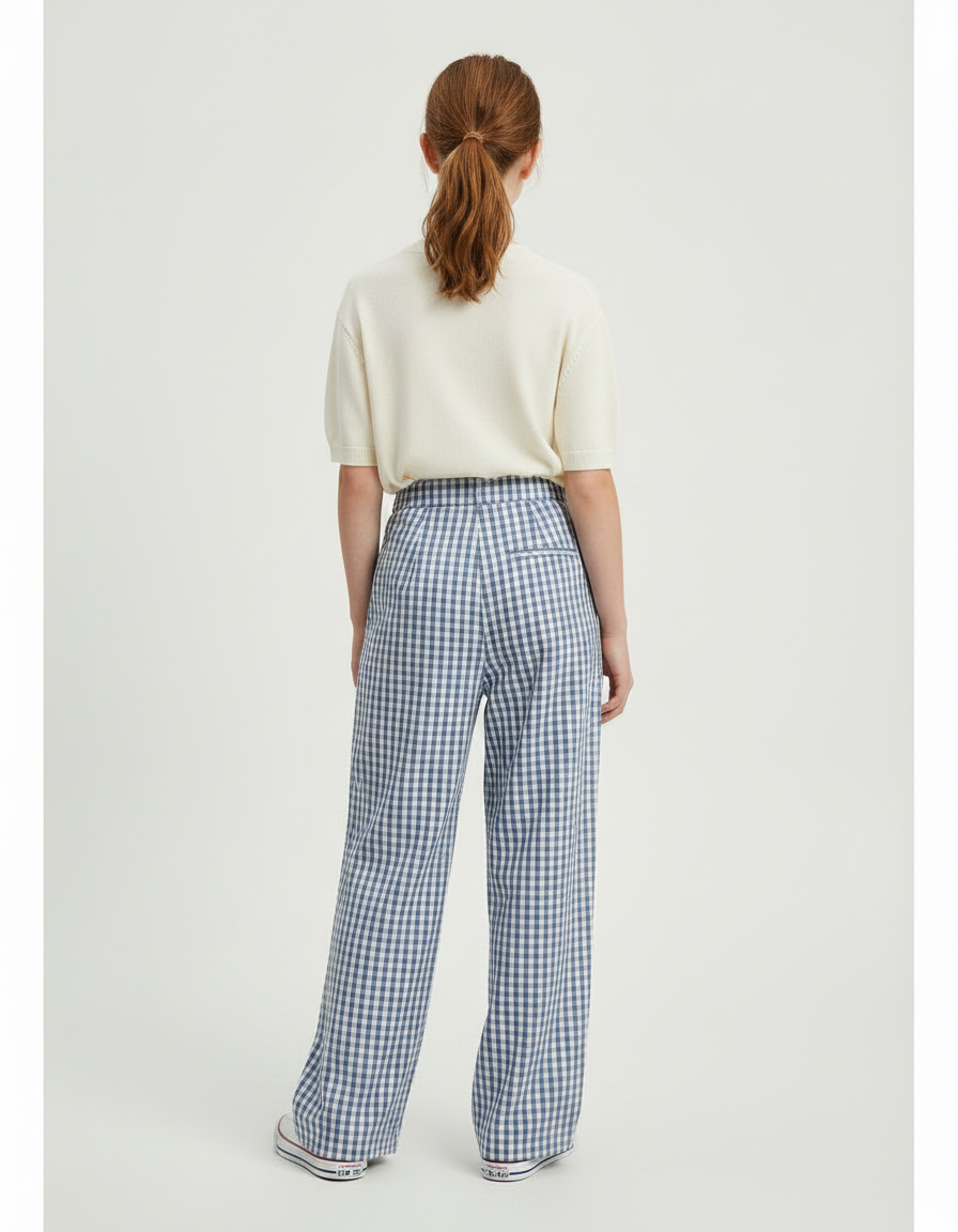 Pantalon À Pince Carreaux Bleus Ample Confortable Fille - Coton - vue 2