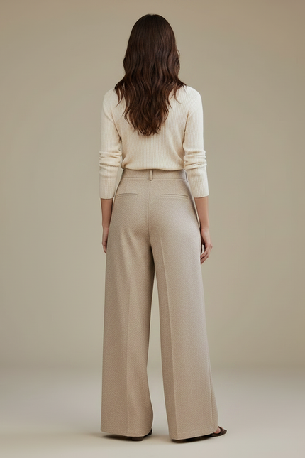 Pantalon Taille Haute À Pince Femme - Beige Maille - vue 2