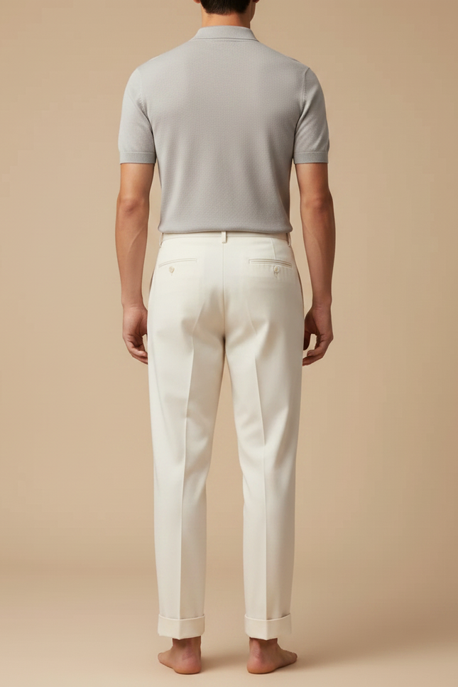 Pantalon À Pince Crème Plissé Large Élégant Homme - Beige Gabardine - vue 2