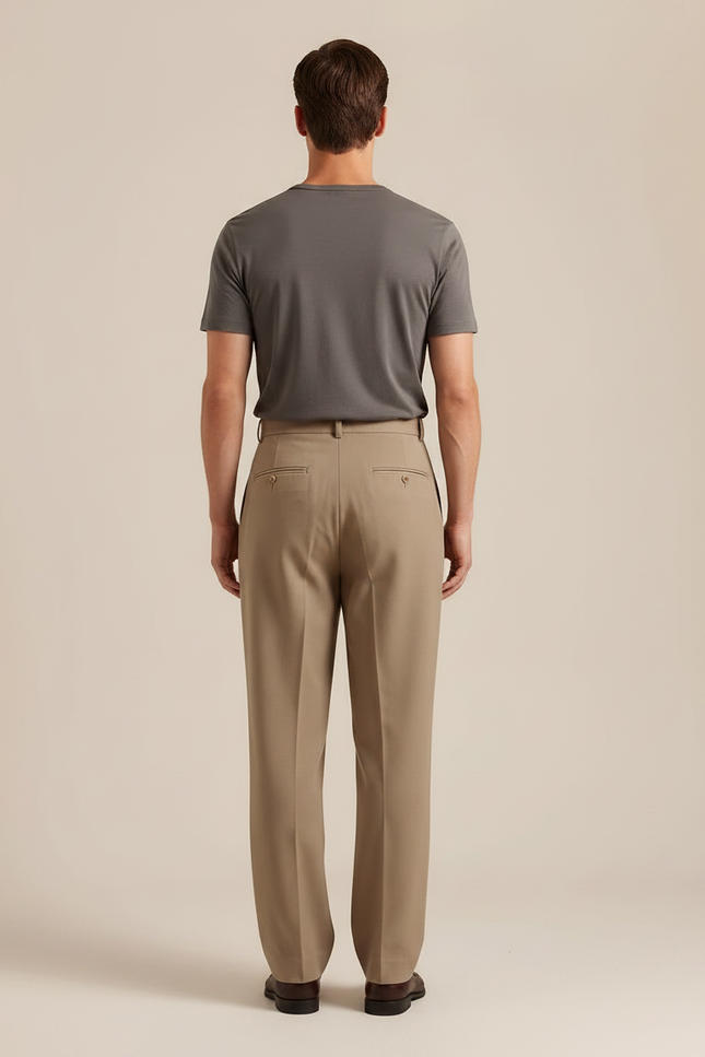 Pantalon À Pince Beige Plissé Laine Coupe Droite Homme - vue 2