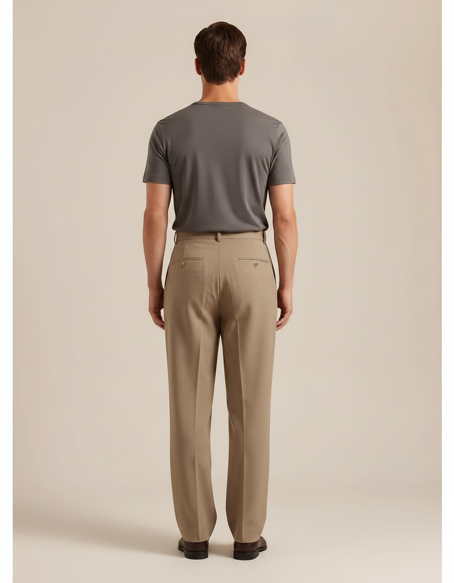 Pantalon À Pince Beige Plissé Laine Coupe Droite Homme - vue 2
