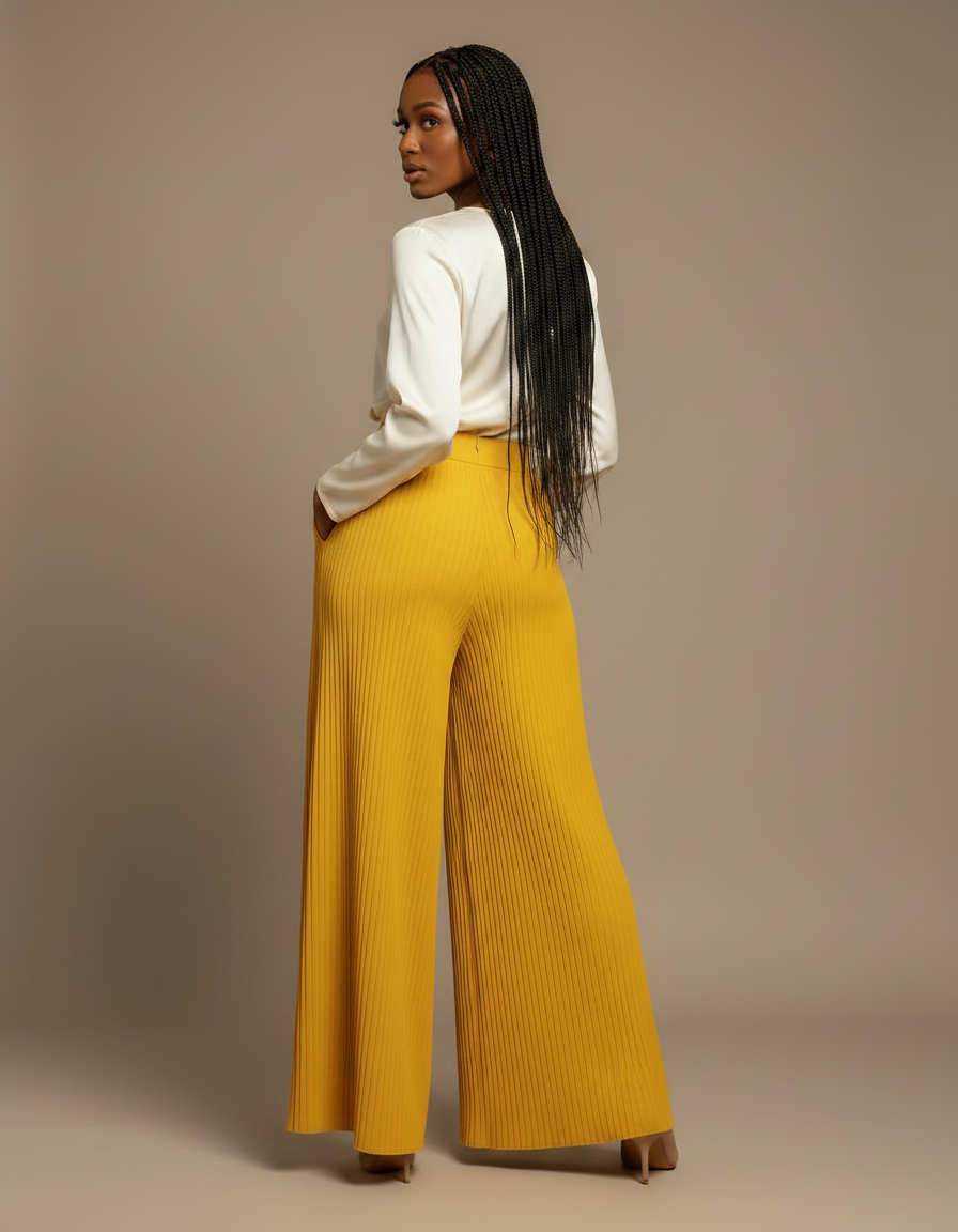 Pantalon À Pince Jaune Plissé Ample Fluide Élégant - Polyester - vue 2