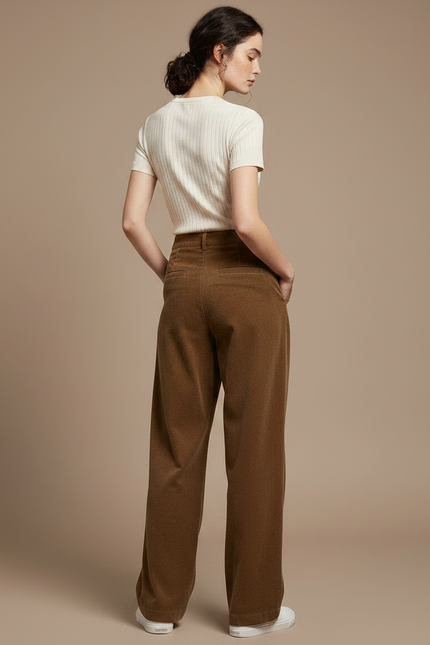 Pantalon À Pince Marron Côtelé Ample Décontracté Femme - Cordé - vue 2