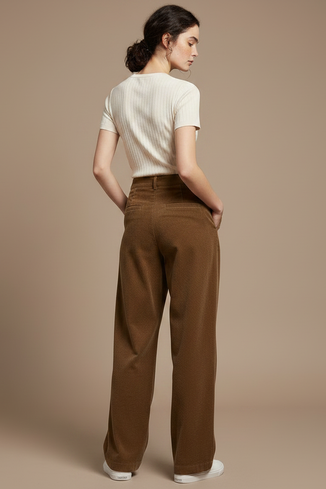 Pantalon À Pince Marron Côtelé Ample Décontracté Femme - Cordé - vue 2