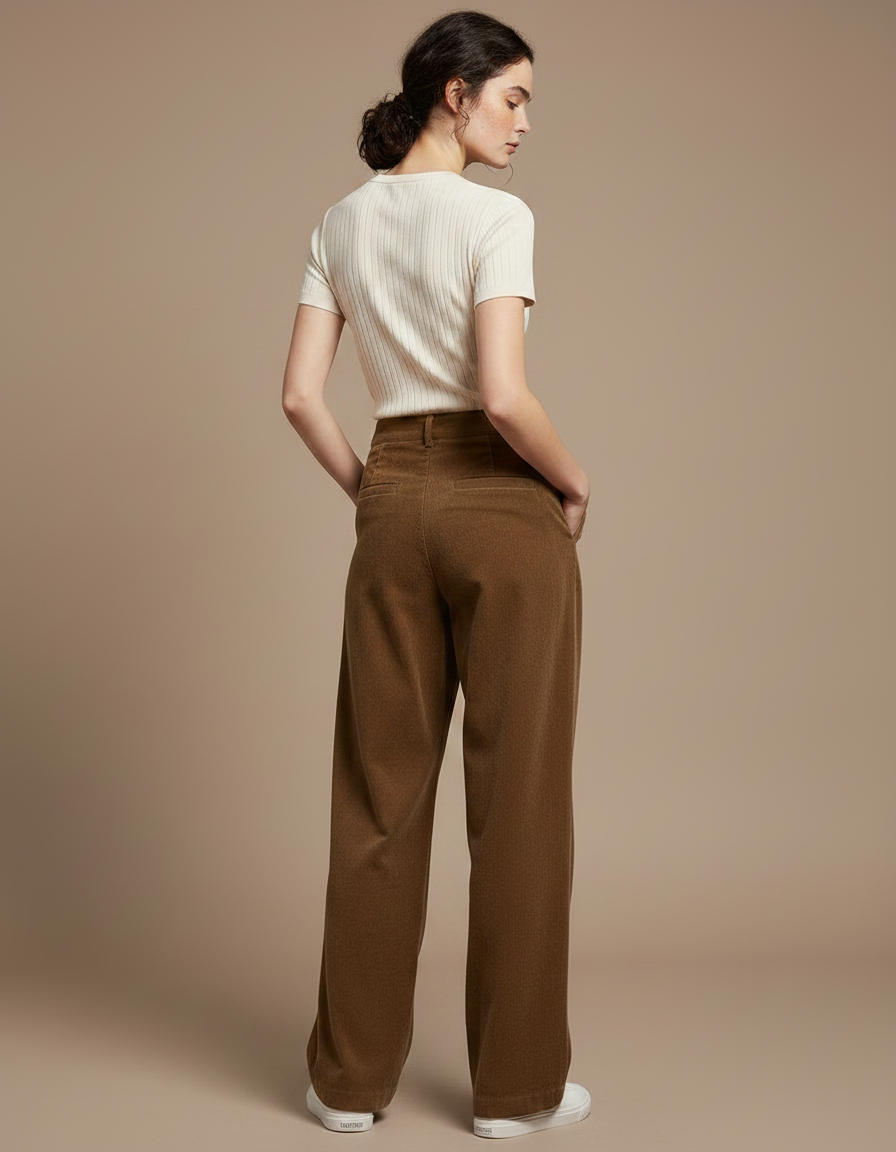 Pantalon À Pince Marron Côtelé Ample Décontracté Femme - Cordé - vue 2