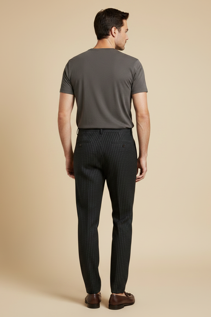 Pantalon À Pince Gris Anthracite Rayé Laine Plissé Homme - vue 2
