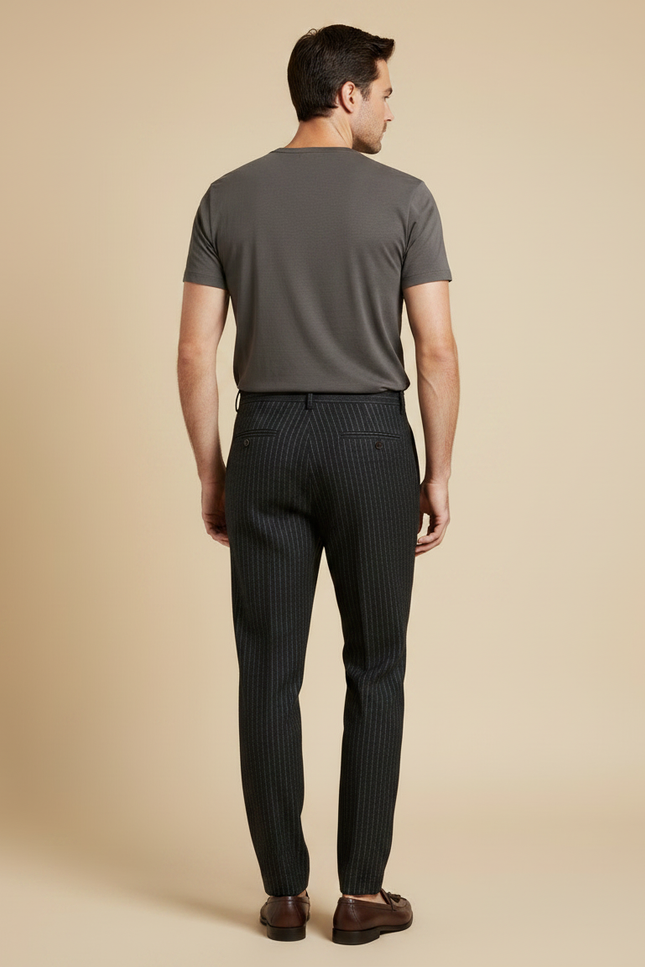 Pantalon À Pince Gris Anthracite Rayé Laine Plissé Homme - vue 2