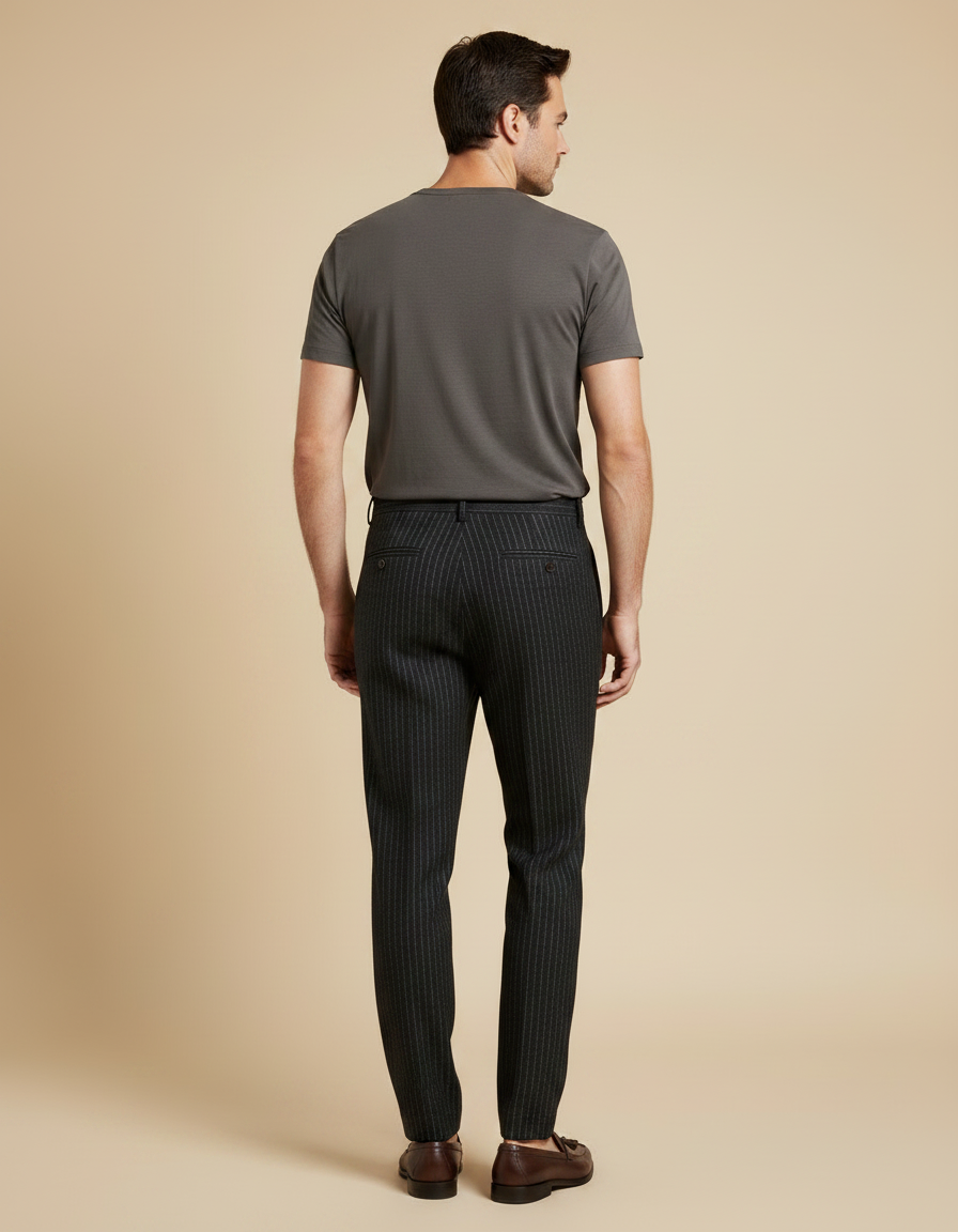 Pantalon À Pince Gris Anthracite Rayé Laine Plissé Homme - vue 2