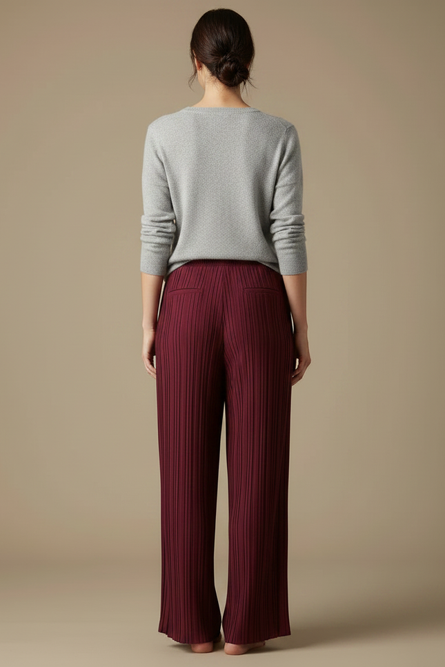 Pantalon À Pince Plissé Fluide Bordeaux Ample Élégant - Polyester - vue 2