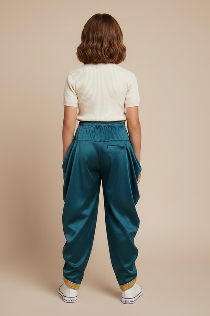 Pantalon À Pince Vert Satiné Ample Doré Enfant - vue 2