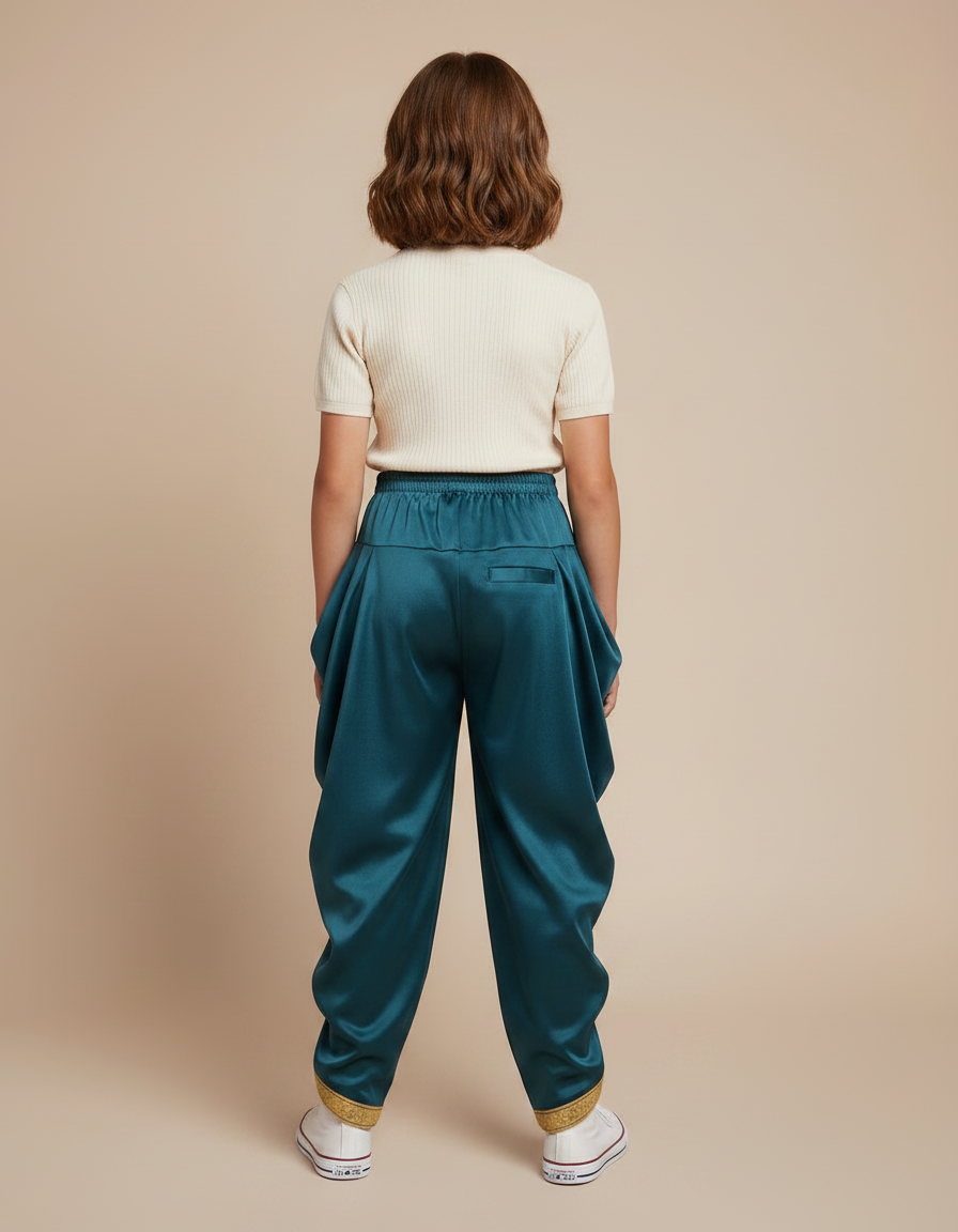 Pantalon À Pince Vert Satiné Ample Doré Enfant - vue 2