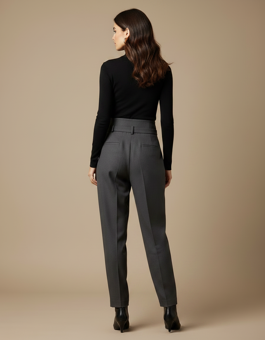 Pantalon À Pince Gris Foncé Taille Haute Plissé Elégant - Laine - vue 2