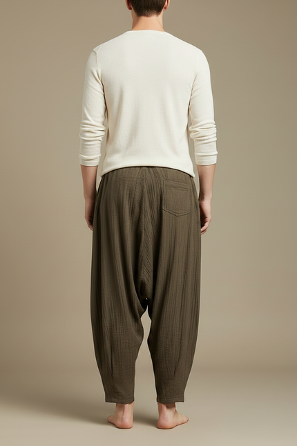 Pantalon À Pince Lin Plissé Ample Homme Kaki - vue 2