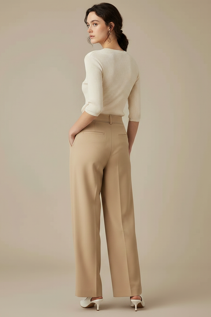 Pantalon À Pince Plissé Taille Haute Beige Ample Élégant - Polyester - vue 2