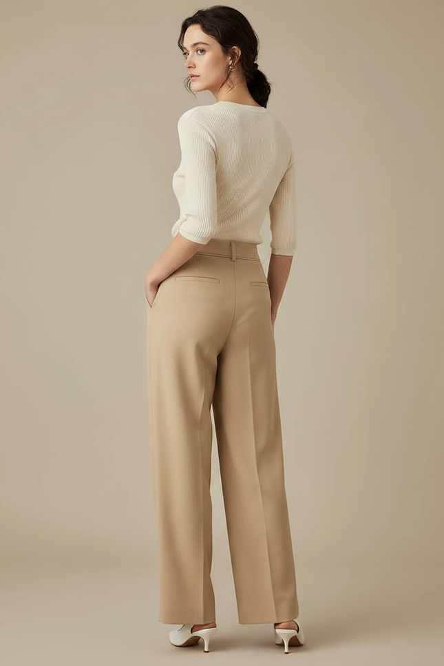 Pantalon À Pince Plissé Taille Haute Beige Ample Élégant - Polyester - vue 2