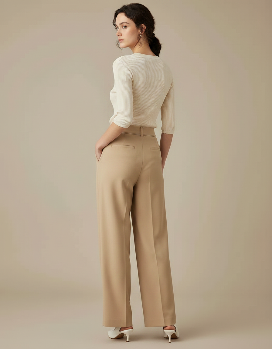 Pantalon À Pince Plissé Taille Haute Beige Ample Élégant - Polyester - vue 2