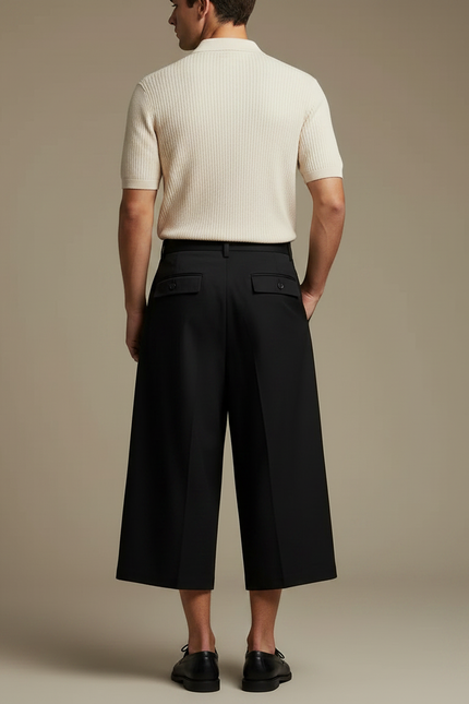 Pantalon À Pince Noir Ample Plissé Court Homme - Gabardine - vue 2