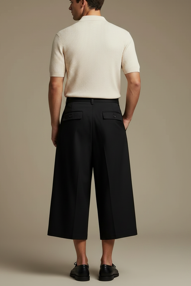 Pantalon À Pince Noir Ample Plissé Court Homme - Gabardine - vue 2