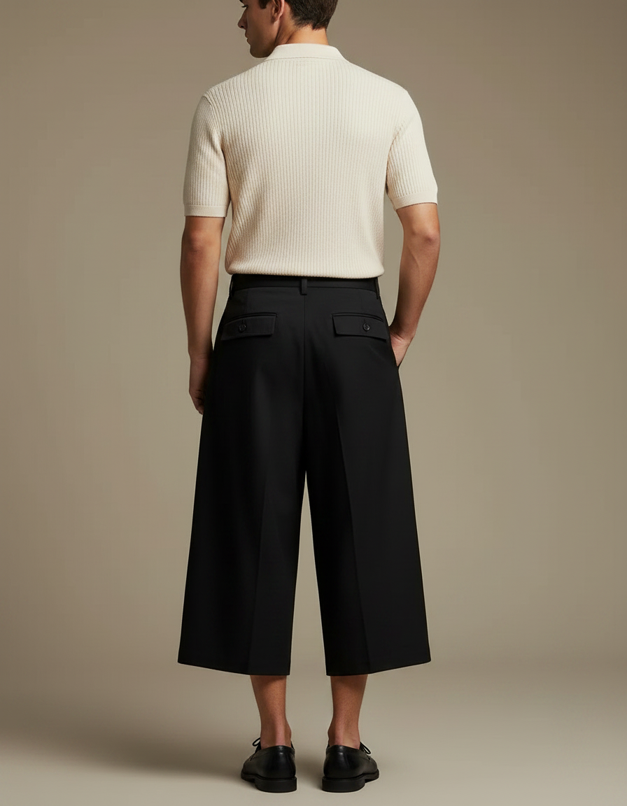 Pantalon À Pince Noir Ample Plissé Court Homme - Gabardine - vue 2