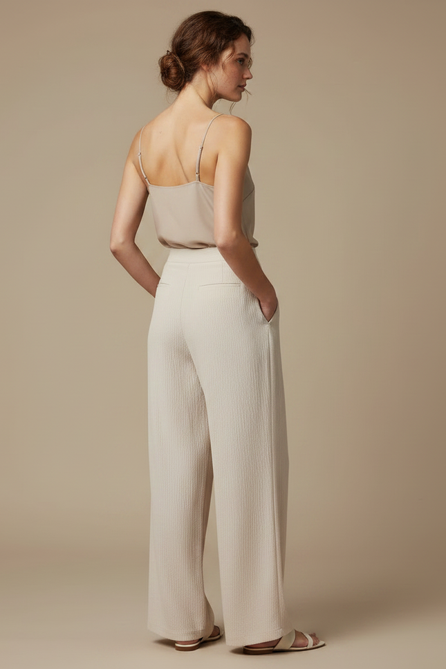 Pantalon À Pince Crème Fluide Ample Décontracté Plissé - Beige Lin - vue 2